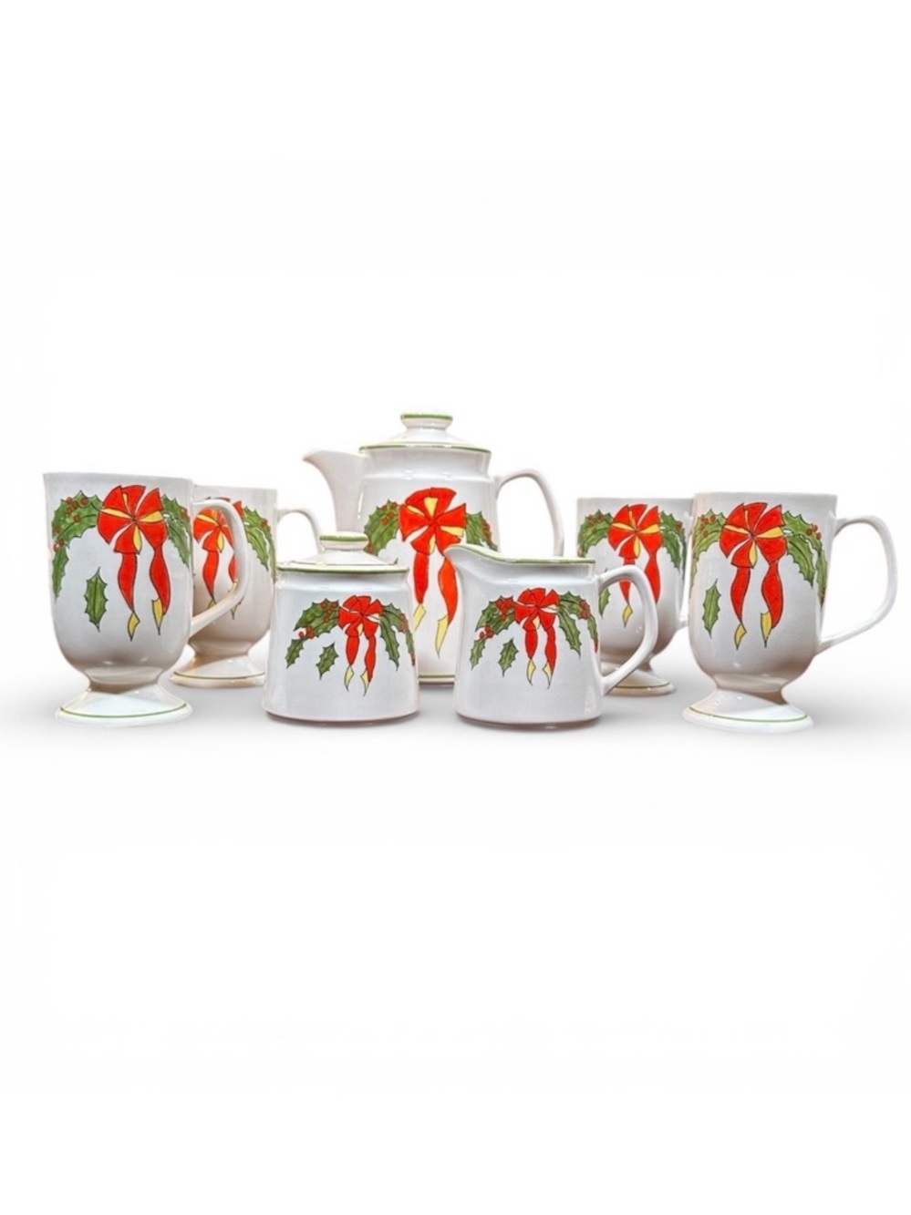 Vintage 1980s-1990s Christmas Holly Bow Ceramic Coffee & Mug Set w/ Original Box